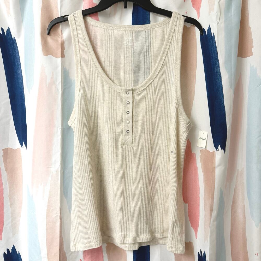 Aerie Cream Ribbed Waffle Knit Henley Tank Top Snap Button Closure Size XL